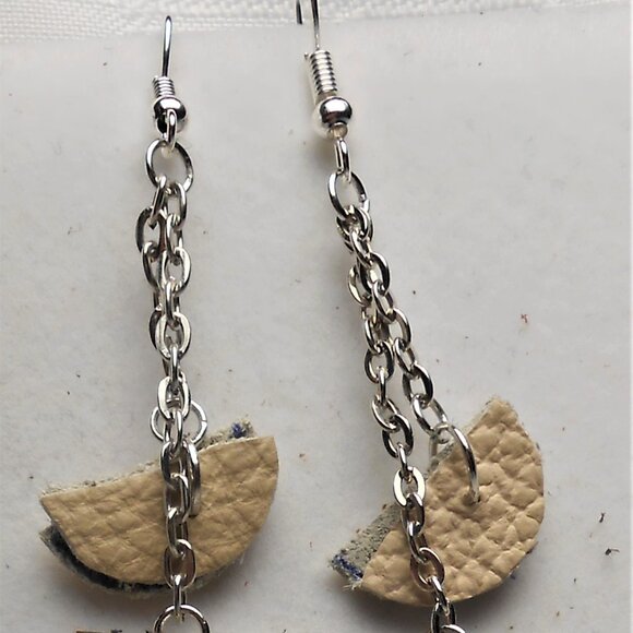 No.667 Handmade earrings with leather pieces 2 1/2 inches long - Picture 4 of 4